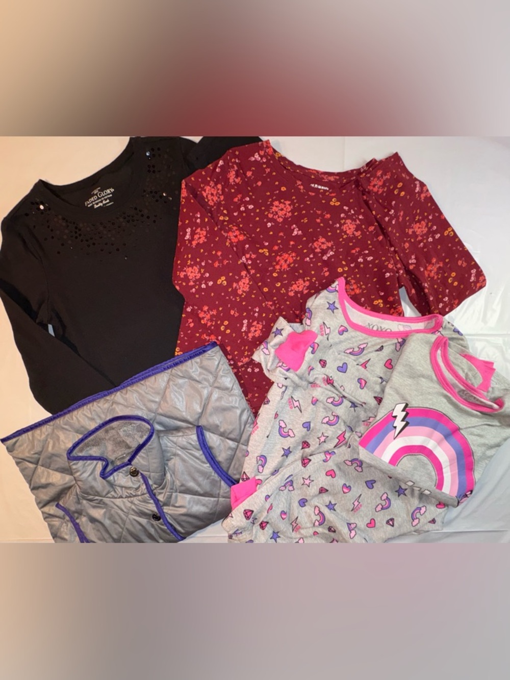 Bundle of Black Tee, Floral T, Rainbow Pajamas w Extra Top, Quilted Jacket Vest